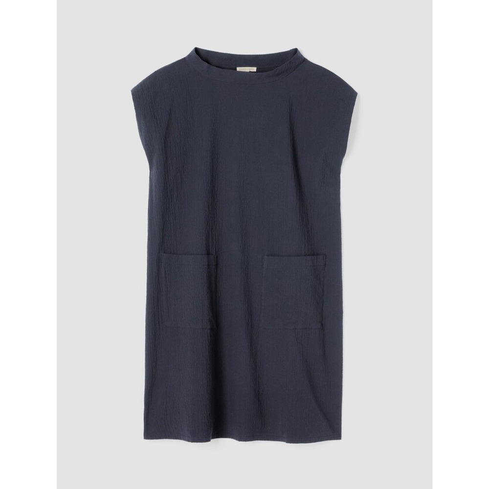Eileen Fisher Organic Cotton Pucker Mock Neck Dress Black XL Patch Pockets Boho